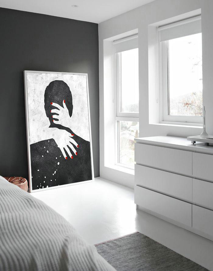 Handmade Large Contemporary Art,Black And White Minimal Painting On Canvas - Custom Canvas Wall Art